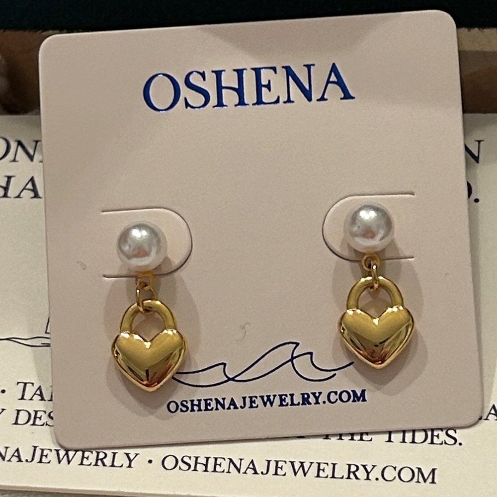Oshena Designer Beachwear‎ Gold Pearl Heart Drop Earrings NEW release!